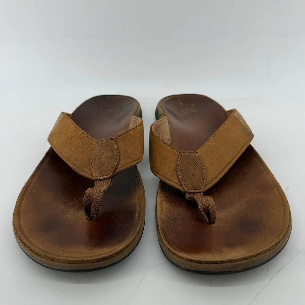 OluKai Tuahine Waterproof Leather Flip Flop Sandals Brown Men 13 Comfort Casual